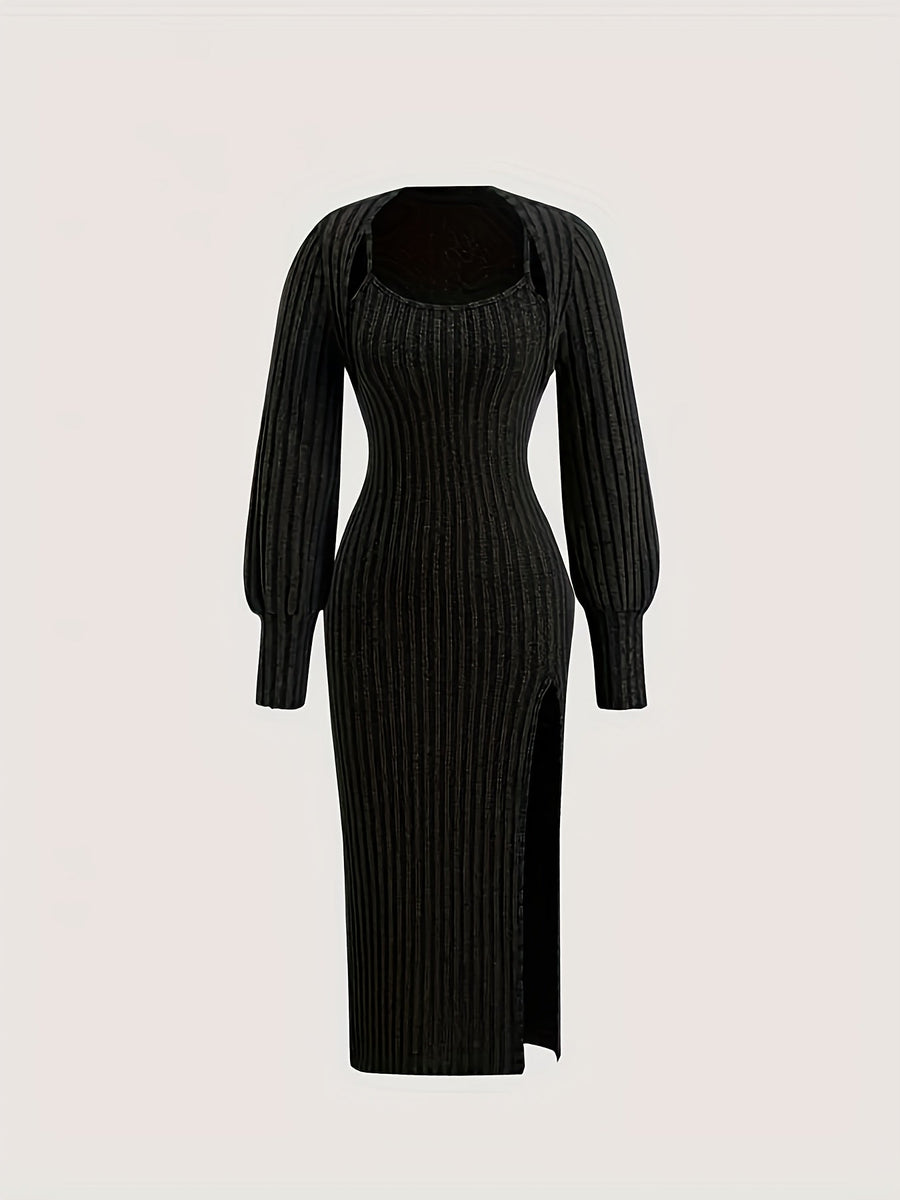 Ensemble Robe Midi Bretelles Fines & Boléro Court Manches Longues Maille Côtelée
