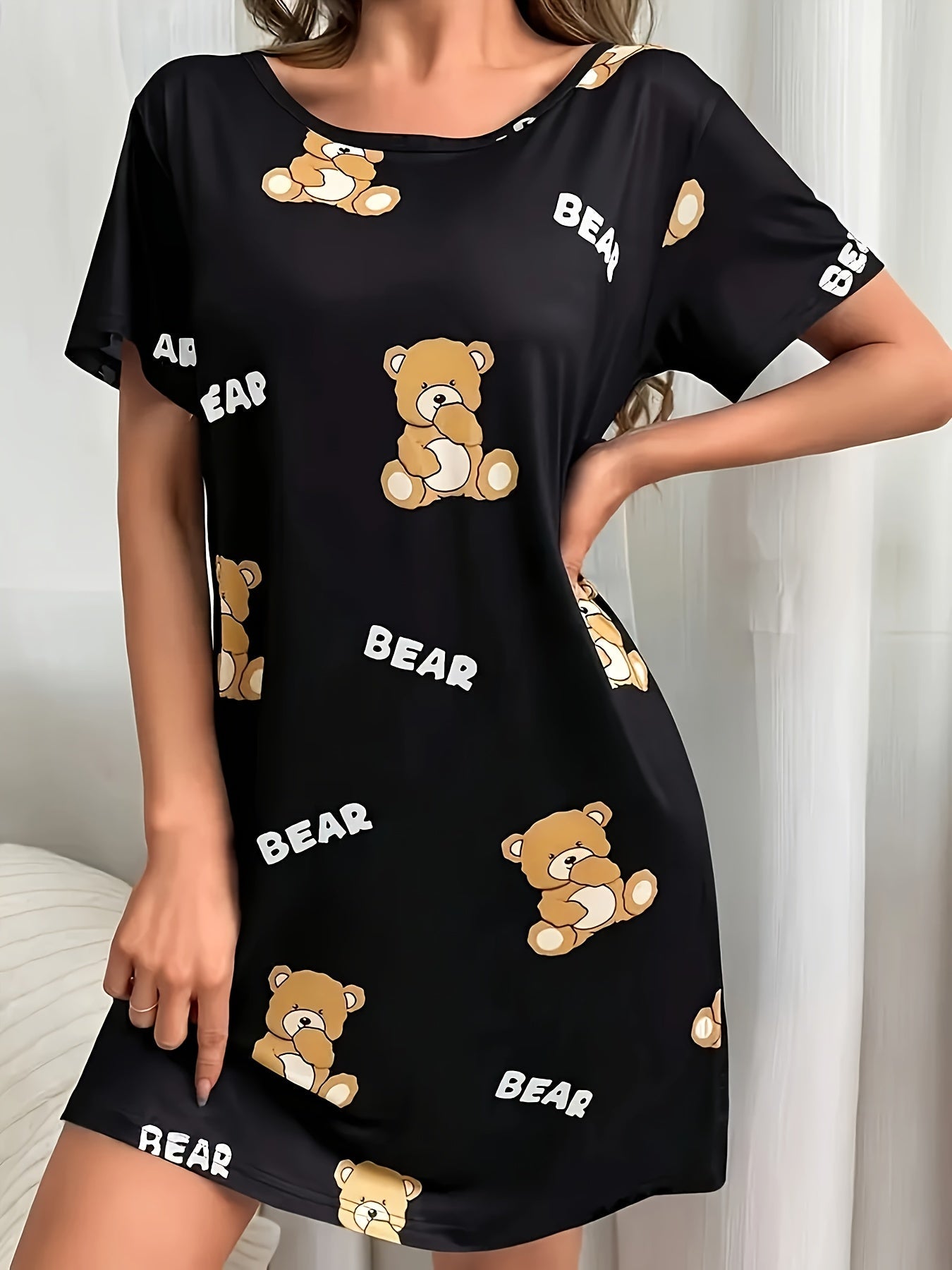 Chemise de nuit femme style tunique imprimé ourson, décontractée et confortable, idéale pour la maison