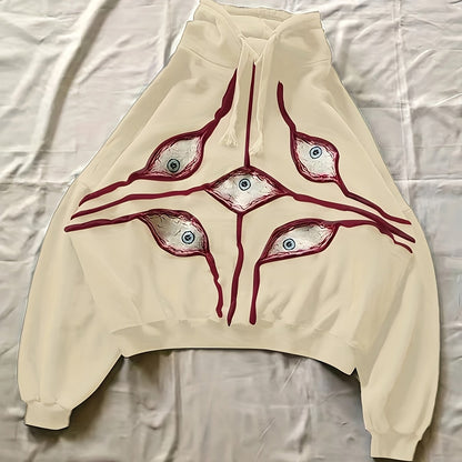 Sweat à Capuche Gris Anthracite Ample avec Motifs Yeux Stylisés
