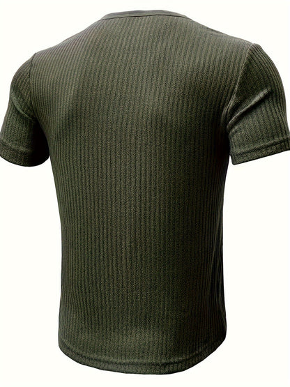 T-shirt Décontracté à Manches Courtes pour Homme Style Henley Boutonné Rayé