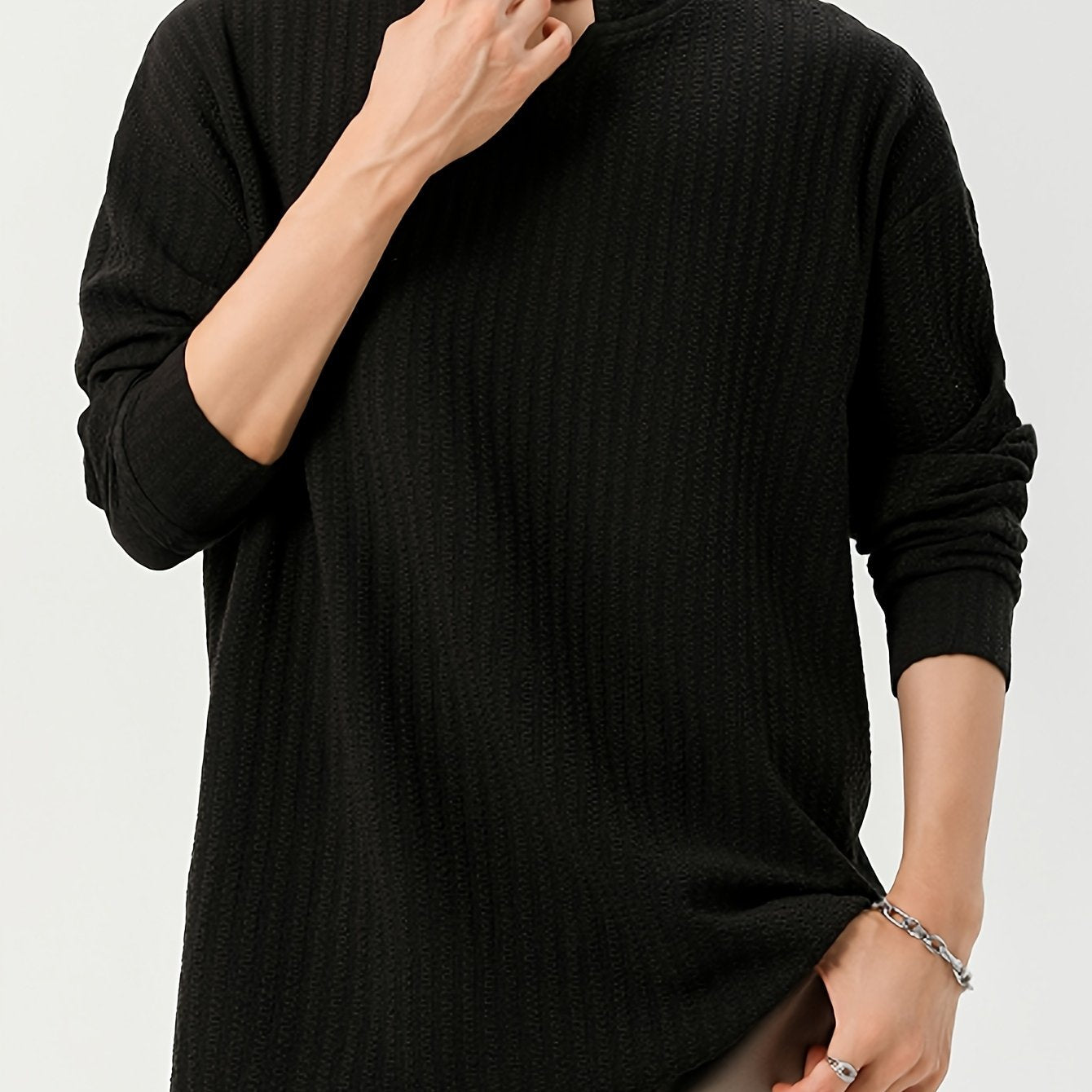 T-shirt Homme Manches Longues Texture Texturée Col V Doux Couleur Unie