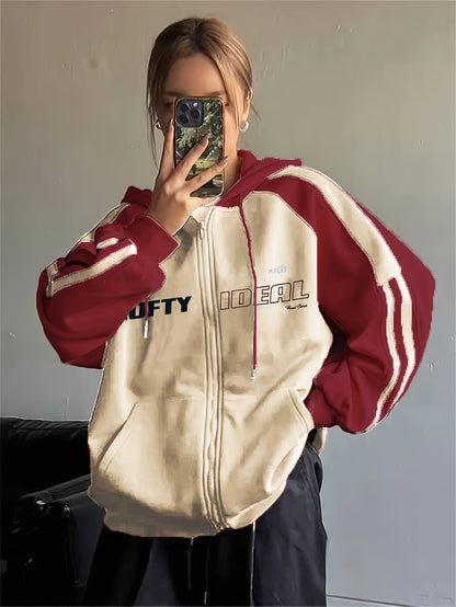 Sweat à Capuche Zippé Bicolore Rouge Bordeaux Crème avec Rayures Sportif