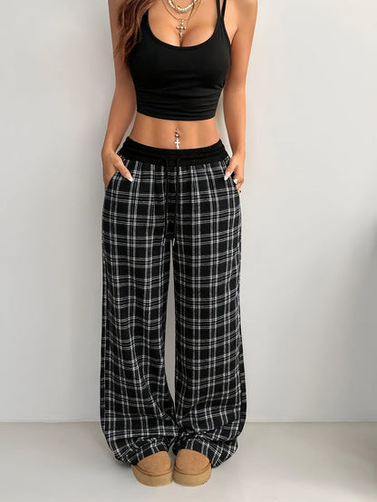 Pantalon large à carreaux style décontracté pour femme, idéal pour la détente ou le week-end