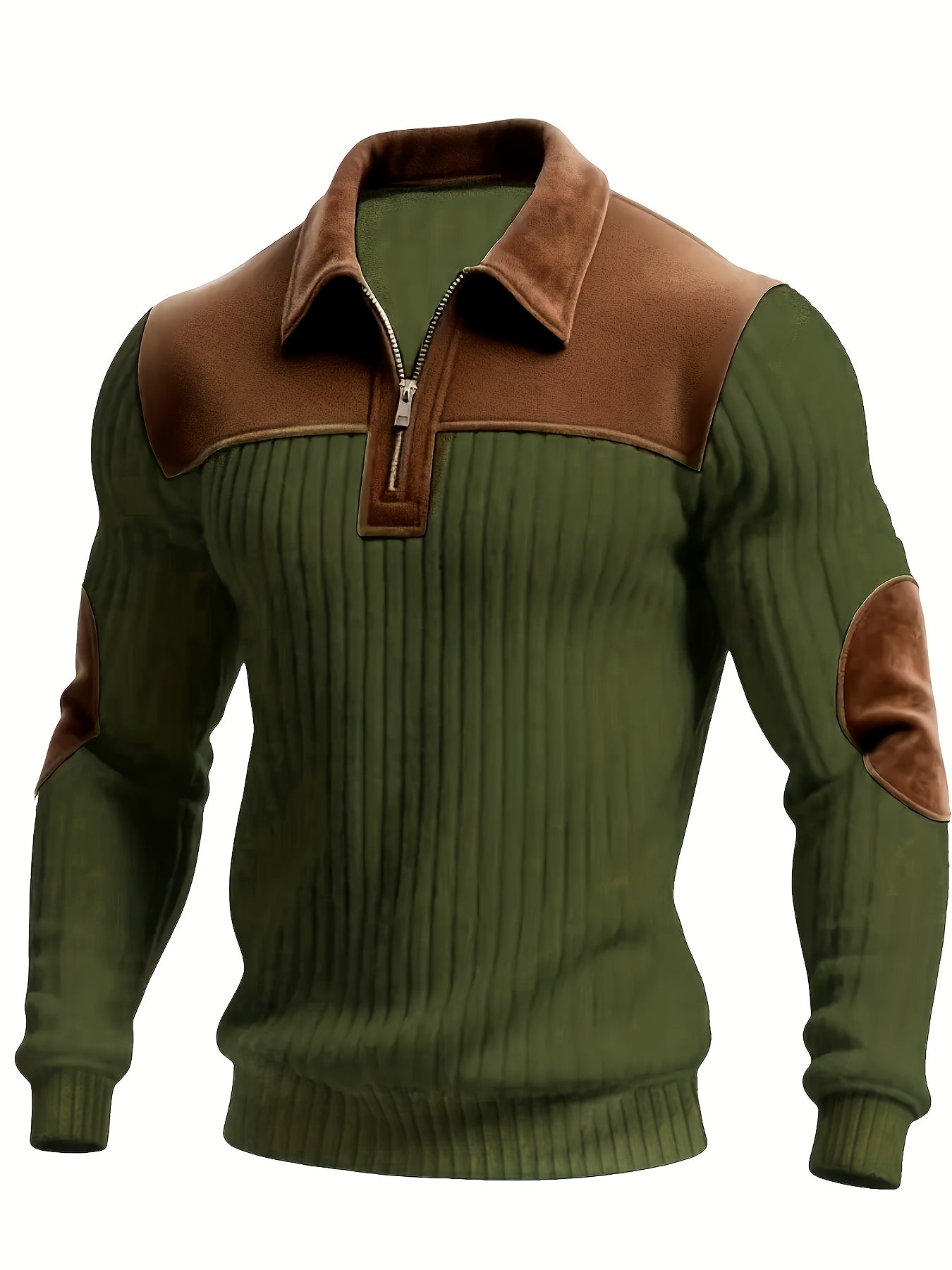 Pull homme côtelé col polo zippé empiècements contrastants coudes et épaules