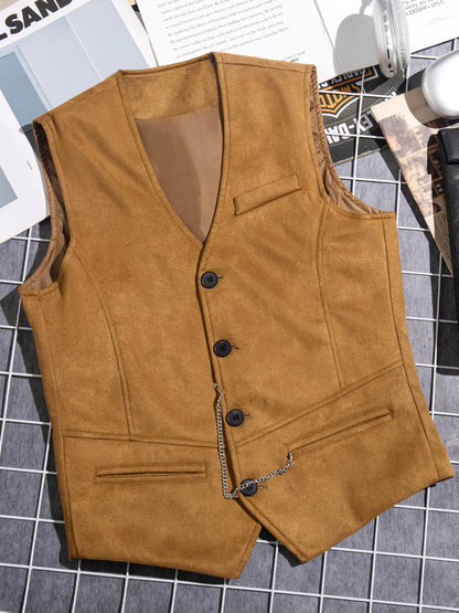 Gilet de Costume Homme Uni Col en V Décoration Chaîne Boutons