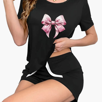 Pyjama court femme imprimé nœud style décontracté pour l'été