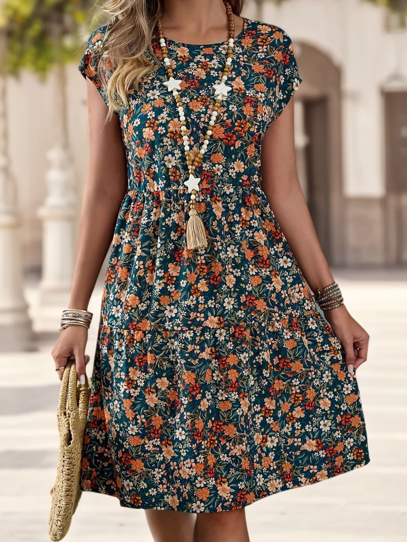 Abito floreale casual da donna stile vacanze con maniche corte