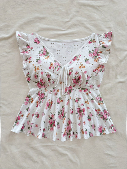 Women's Cottage Style Peplum Blouse with Floral Print and English Embroidery – Romantic, Ruffled Sleeves, Tied Neckline