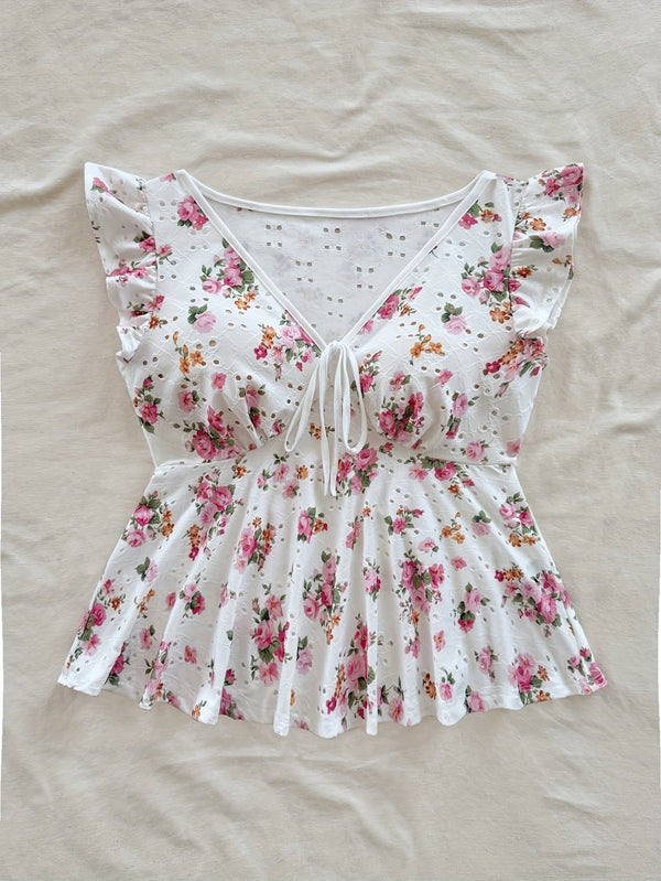 Women's Cottage Style Peplum Blouse with Floral Print and English Embroidery – Romantic, Ruffled Sleeves, Tied Neckline
