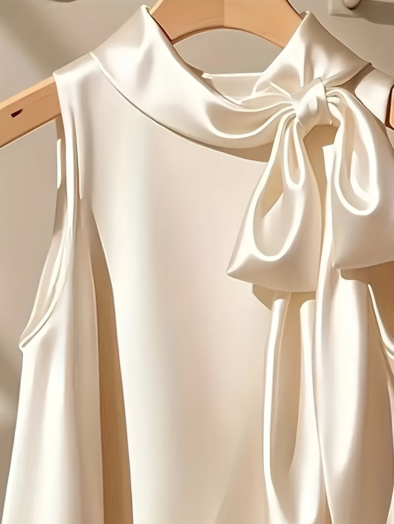 Ærmeløs damebluse i elegant stil med lavallière-krave og løs pasform til udflugter eller særlige lejligheder