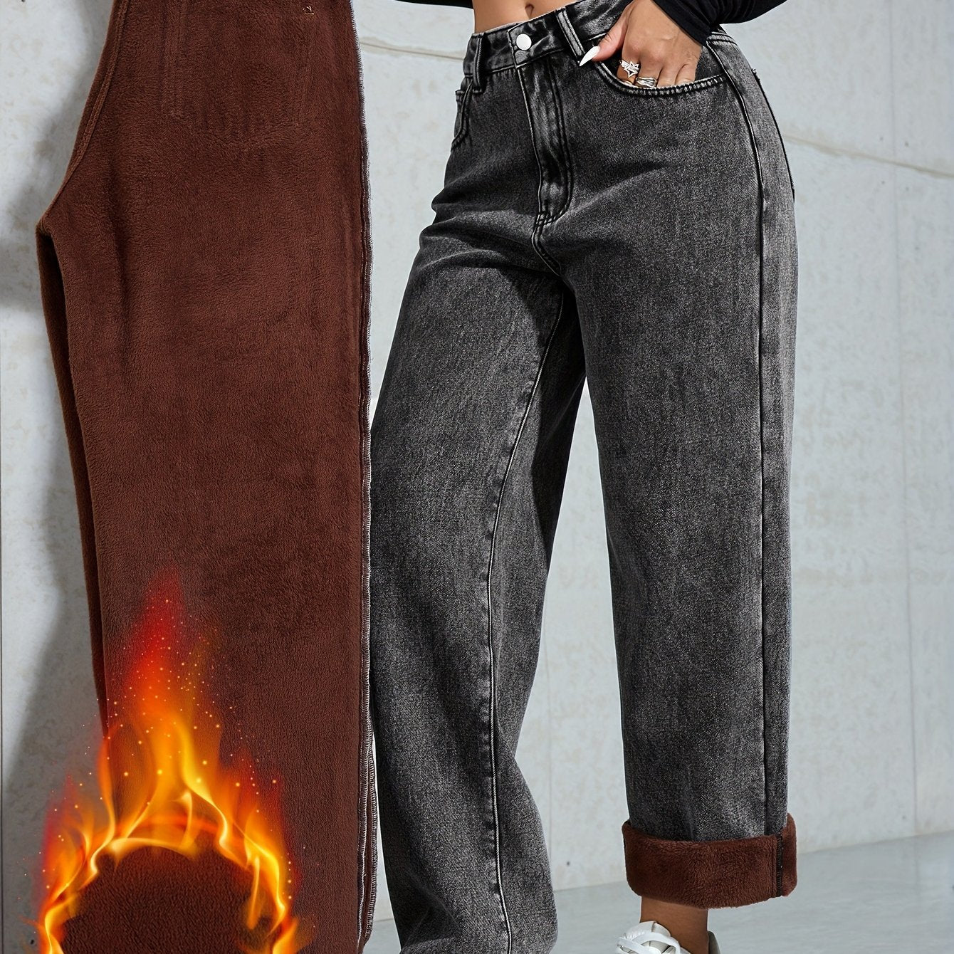 Jean large délavé femme doublé marron taille haute