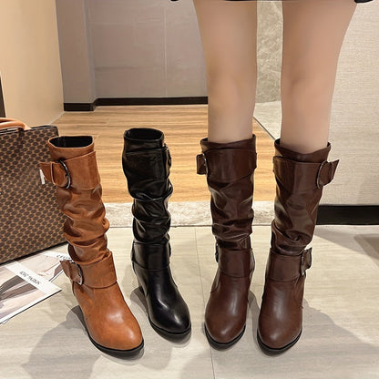 Bottes Femme Plissées Noires à Boucles et Talon Carré