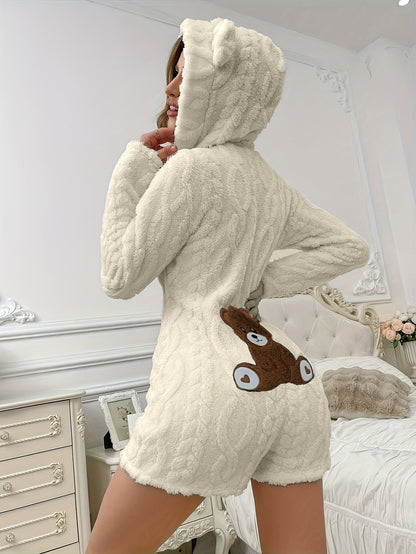 Grenouillère Peluche Femme à Capuche Ours Polaire Crème avec Broderie Ours Marron