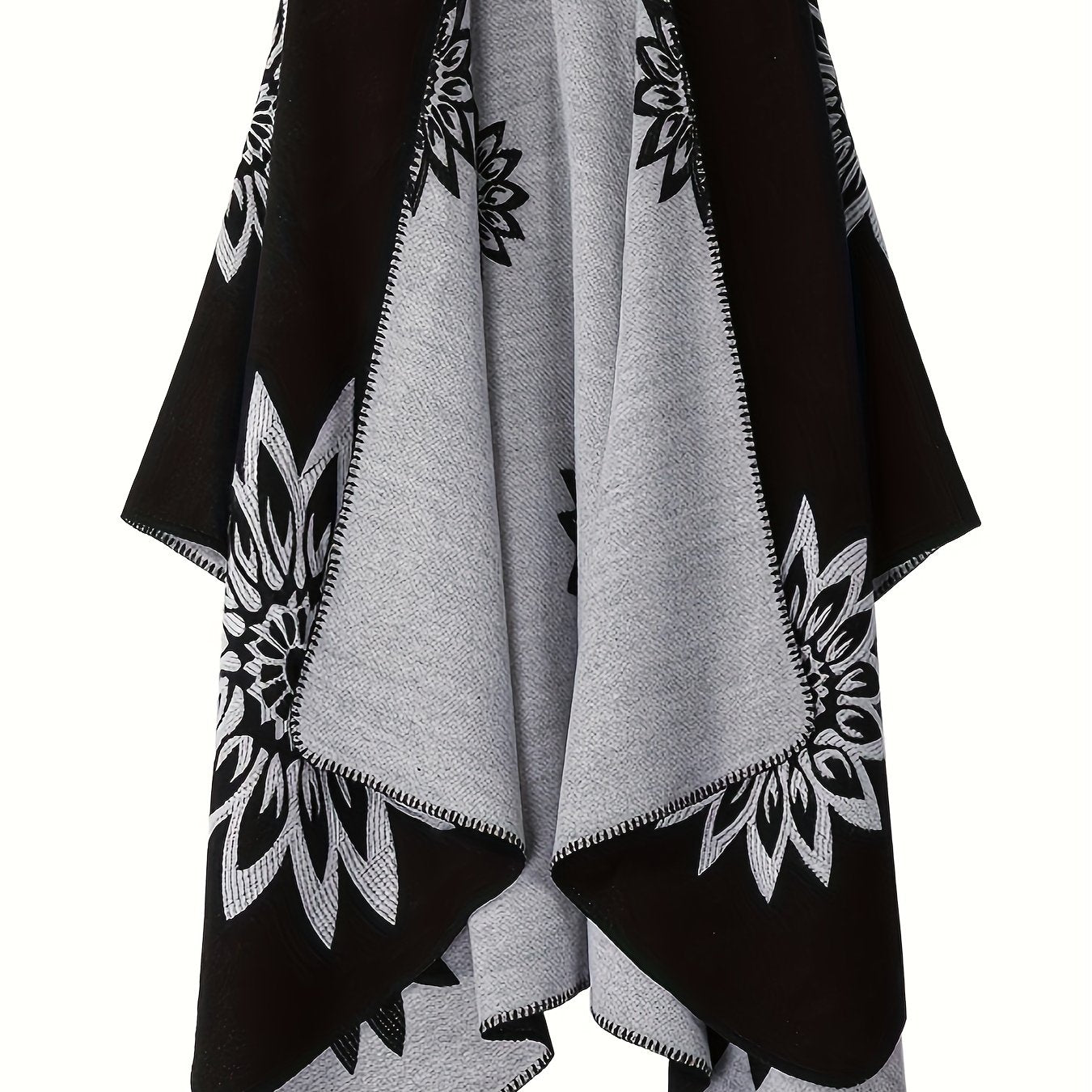 Poncho Réversible Femme Noir Motifs Floraux Blancs et Gris
