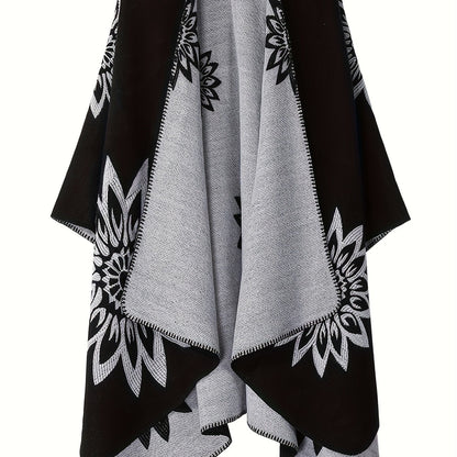Poncho Réversible Femme Noir Motifs Floraux Blancs et Gris