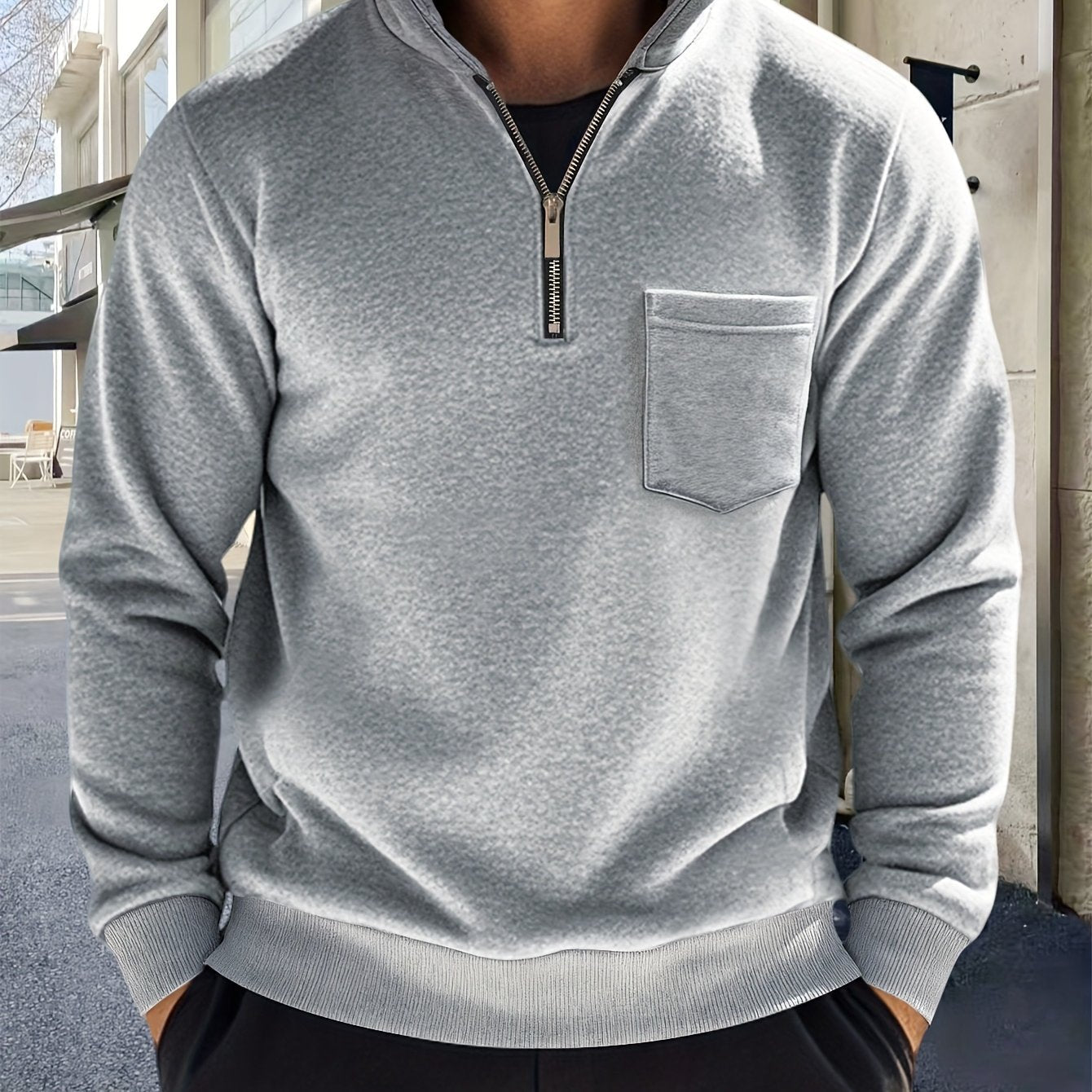 Sweat-shirt Homme Col Montant Zippé avec Poche Poitrine Couleur Unie