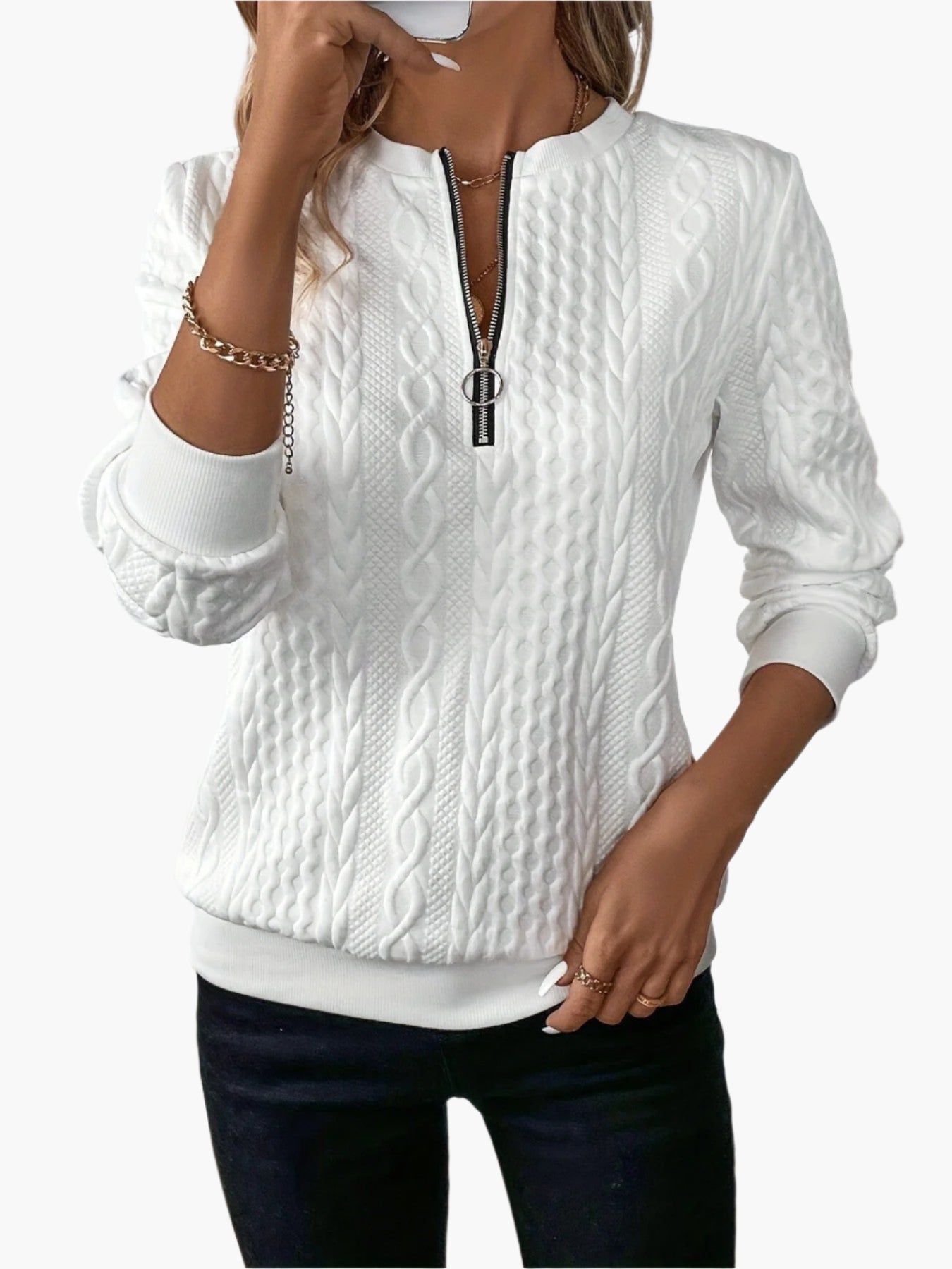 Women's Casual Elegant Cable Knit Pullover with Zipper – Ideal for Autumn and Winter