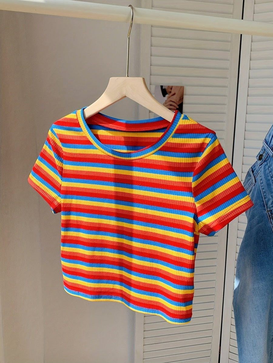 Women's short-sleeve striped T-shirt, casual and trendy style, perfect for summer