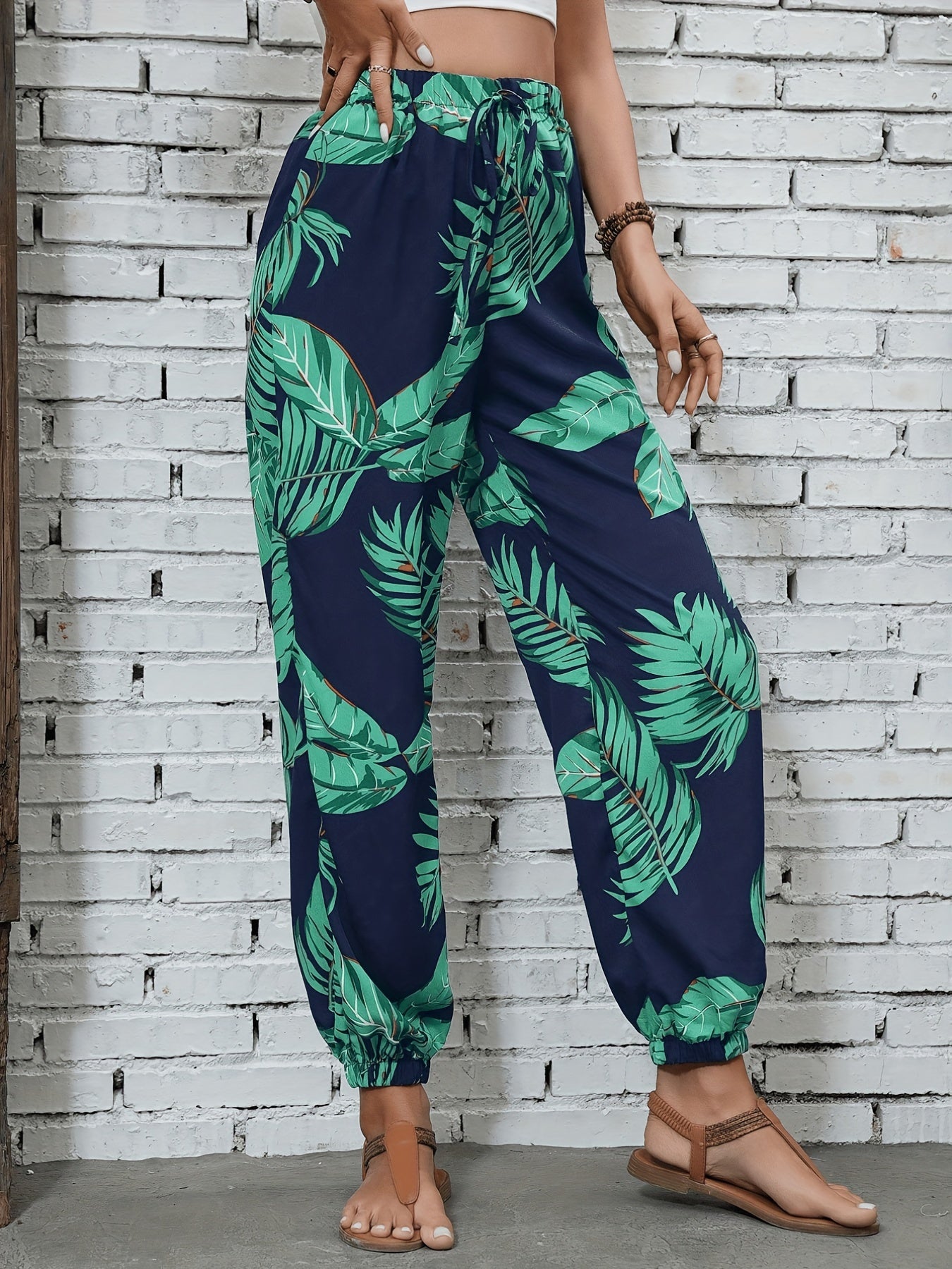 Pantalon jogger femme style vacances à imprimé feuilles pour le printemps/été