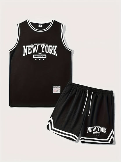 Męski zestaw sportowy w stylu koszykarskim, tank top i szorty, nadruk New York, idealny na lato i trening