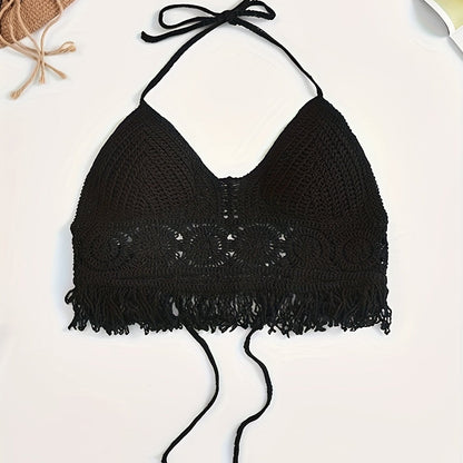 Top corto bohemio para atar para mujer estilo festival con detalles calados y flecos