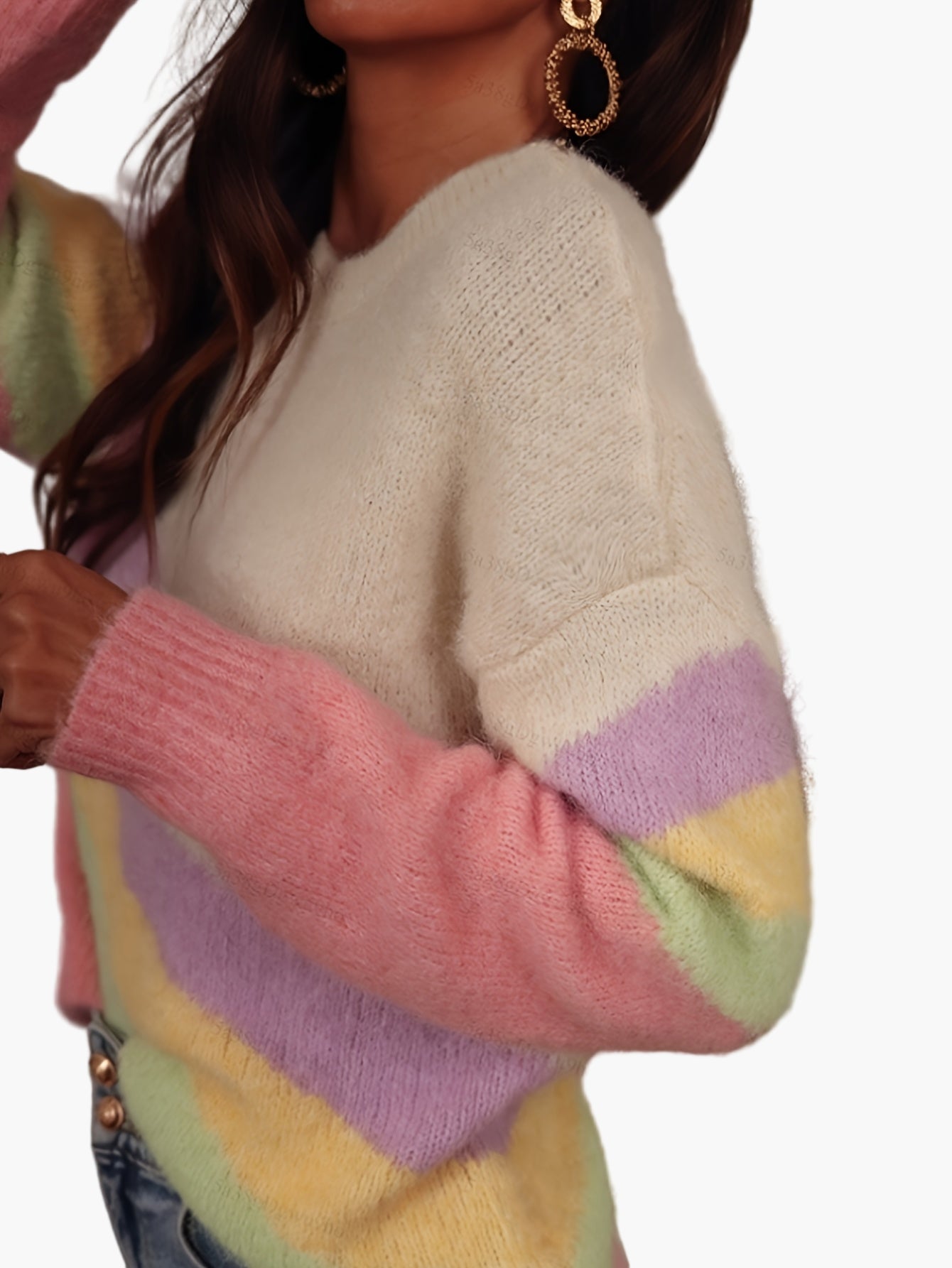 Pull femme style Y2K à rayures arc-en-ciel, col rond, mode décontractée