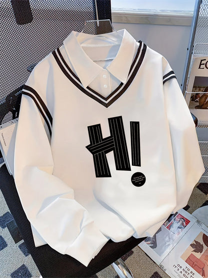 Sweat-shirt Blanc Col Chemise Noir et Blanc Imprimé "HI"