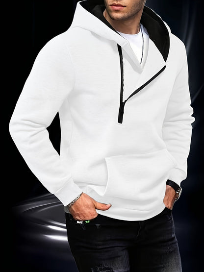 Sweat à Capuche Homme Zippé Asymétrique Couleur Unie avec Poche Kangourou