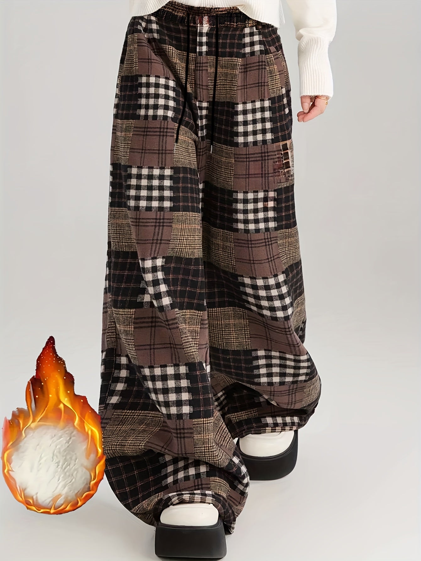 Pantalon large à carreaux style patchwork marron doublé doux