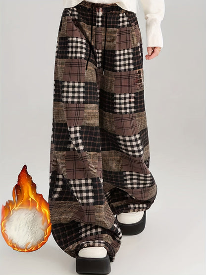 Pantalon large à carreaux style patchwork marron doublé doux