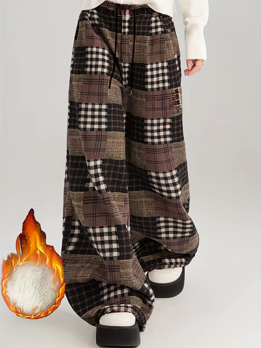 Pantalon large à carreaux style patchwork marron doublé doux