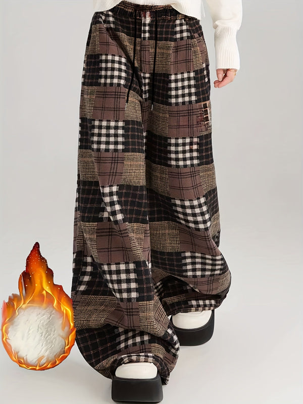 Weite braune Karohose im Patchwork-Stil mit weichem Futter