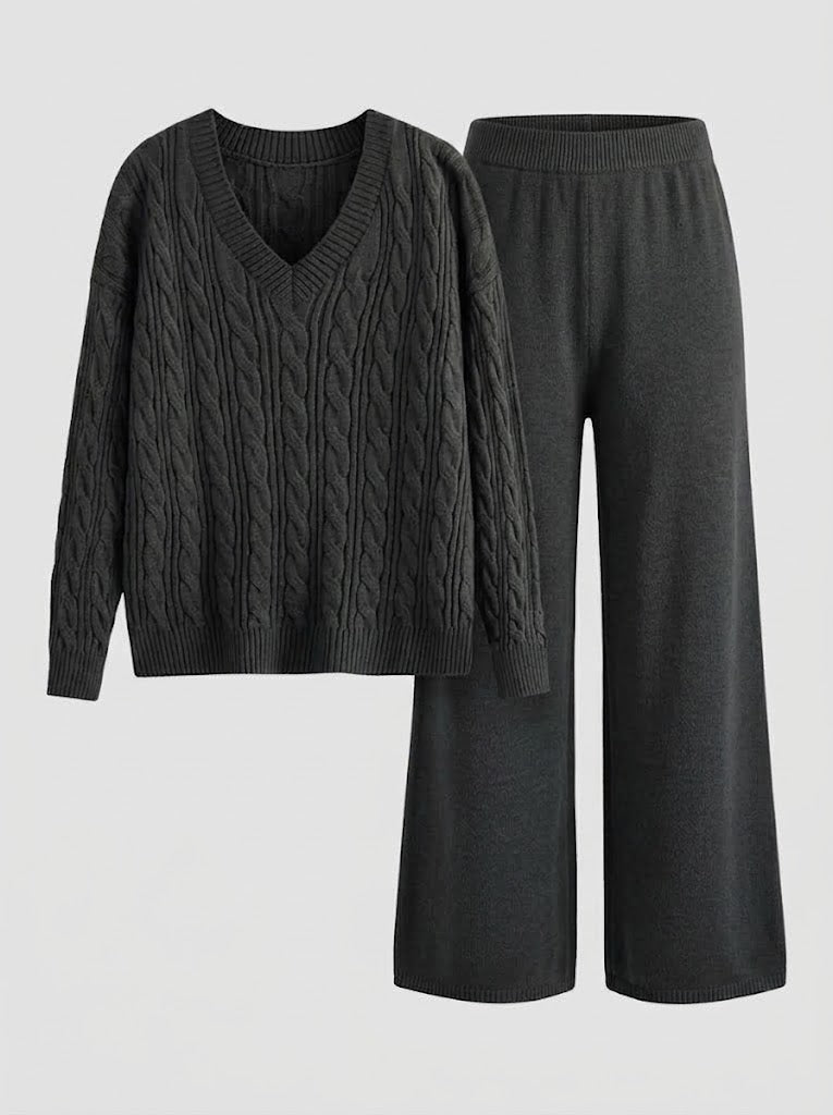 Set aus Zopfpullover mit V-Ausschnitt und weiter Strickhose für Damen