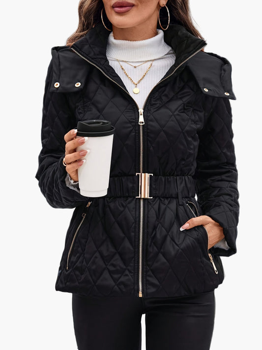 Chaqueta acolchada elegante con capucha para mujer con cinturón – Estilo urbano chic