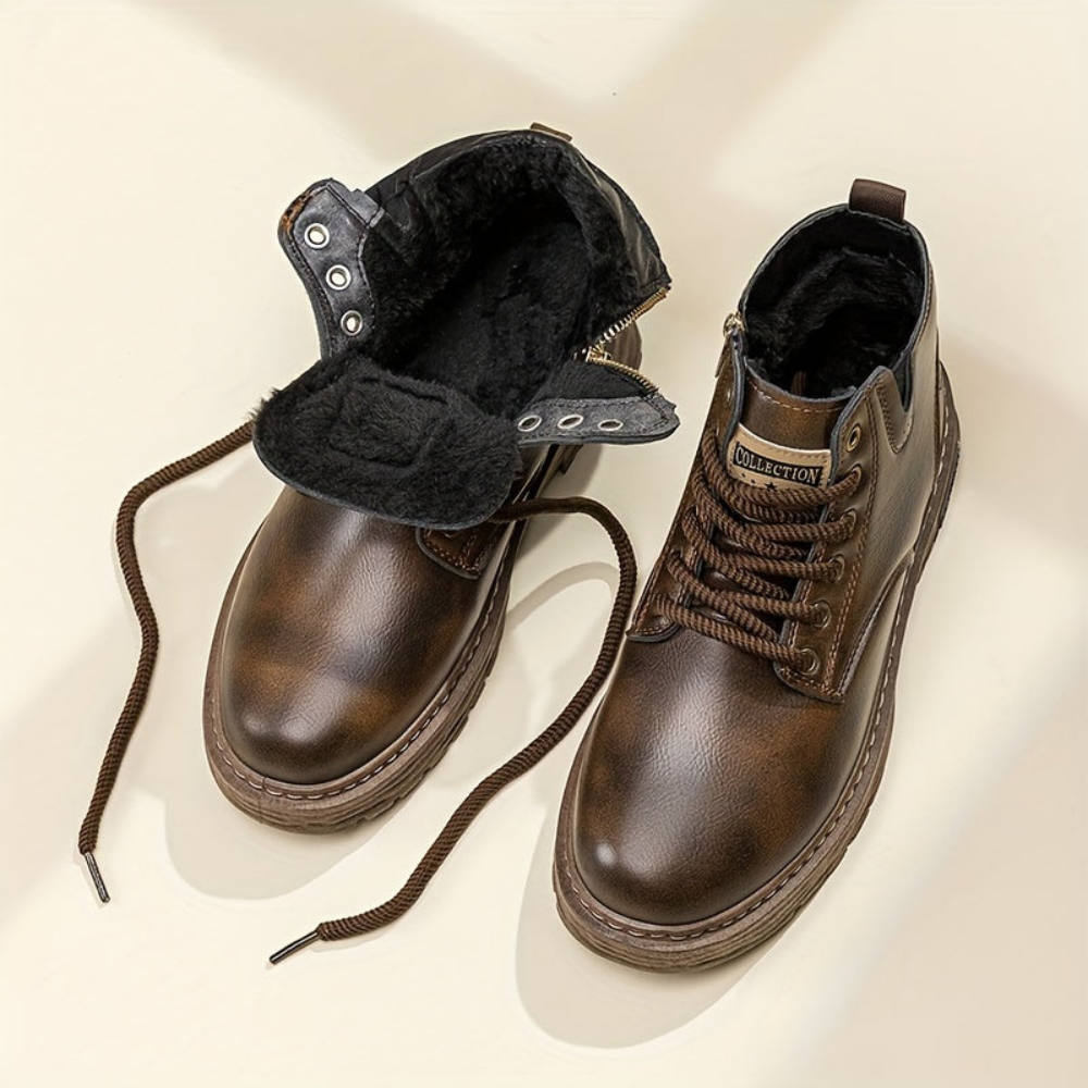 Bottes montantes homme marron foncé lacets, fermeture éclair latérale, semelle épaisse