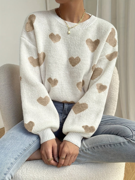 Pull col rond ample en maille blanc avec cœurs beiges