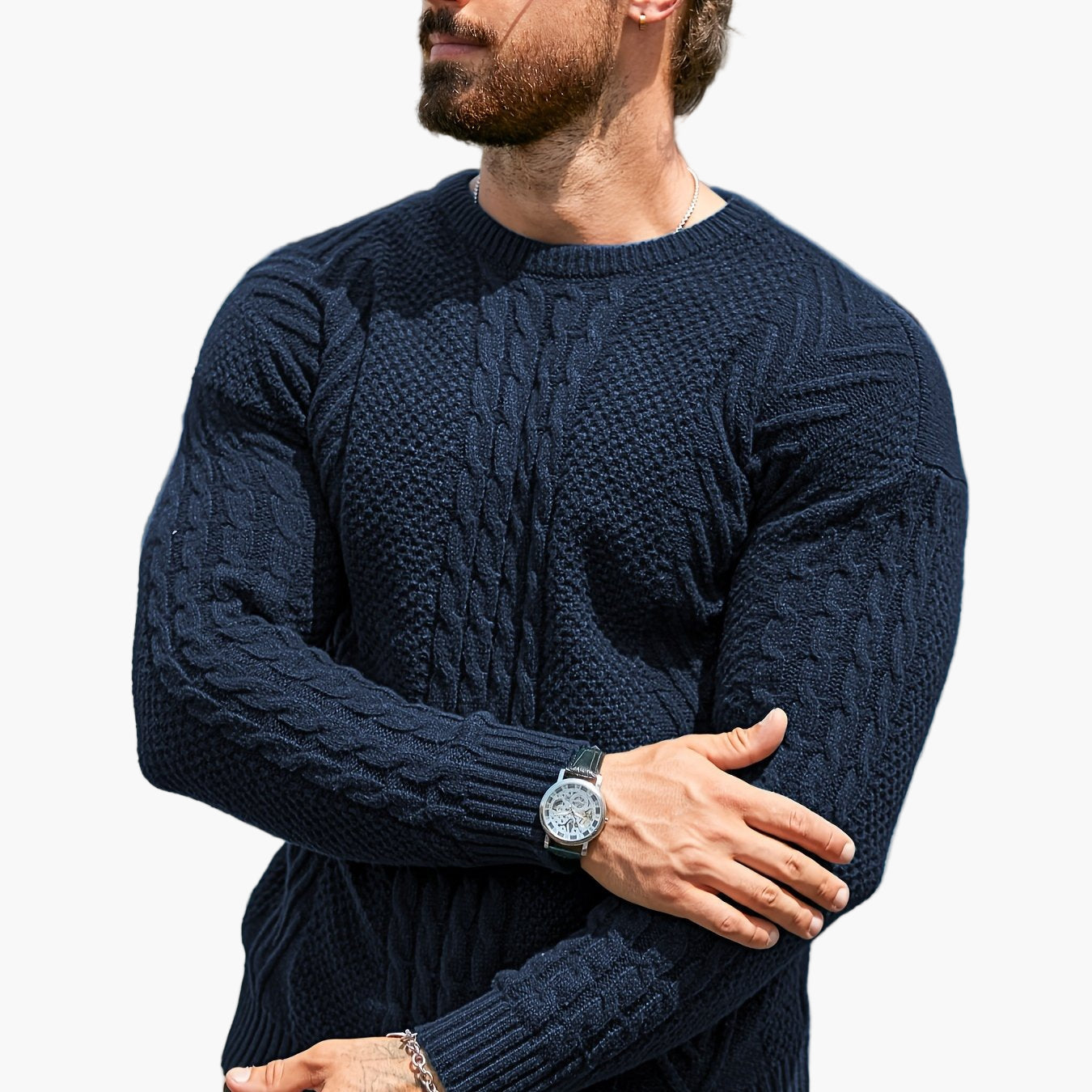 Jersey de punto trenzado para hombre estilo urbano casual – Mangas largas, elegante otoño/invierno