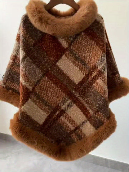 Poncho Femme Chaud Motifs Géométriques et Bordures Imitation Fourrure