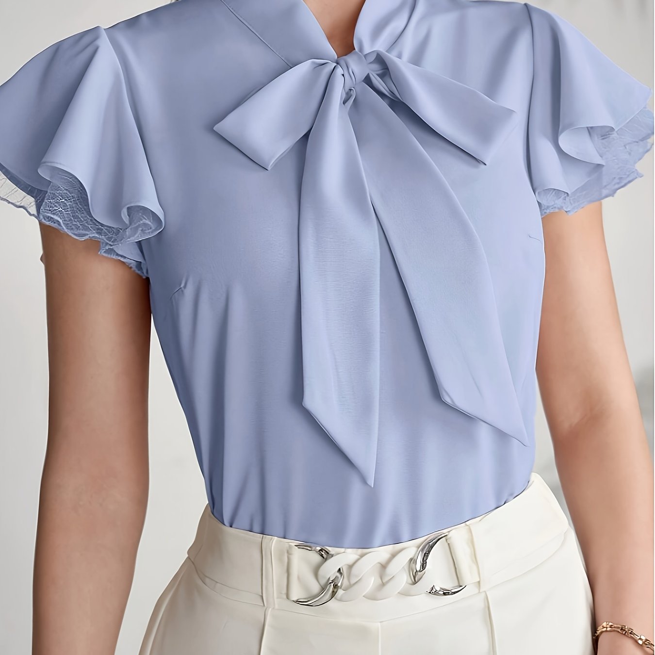 Elegant Women's Blouse with Butterfly Sleeves and Bow Tie – Chic Style for Office and Outings