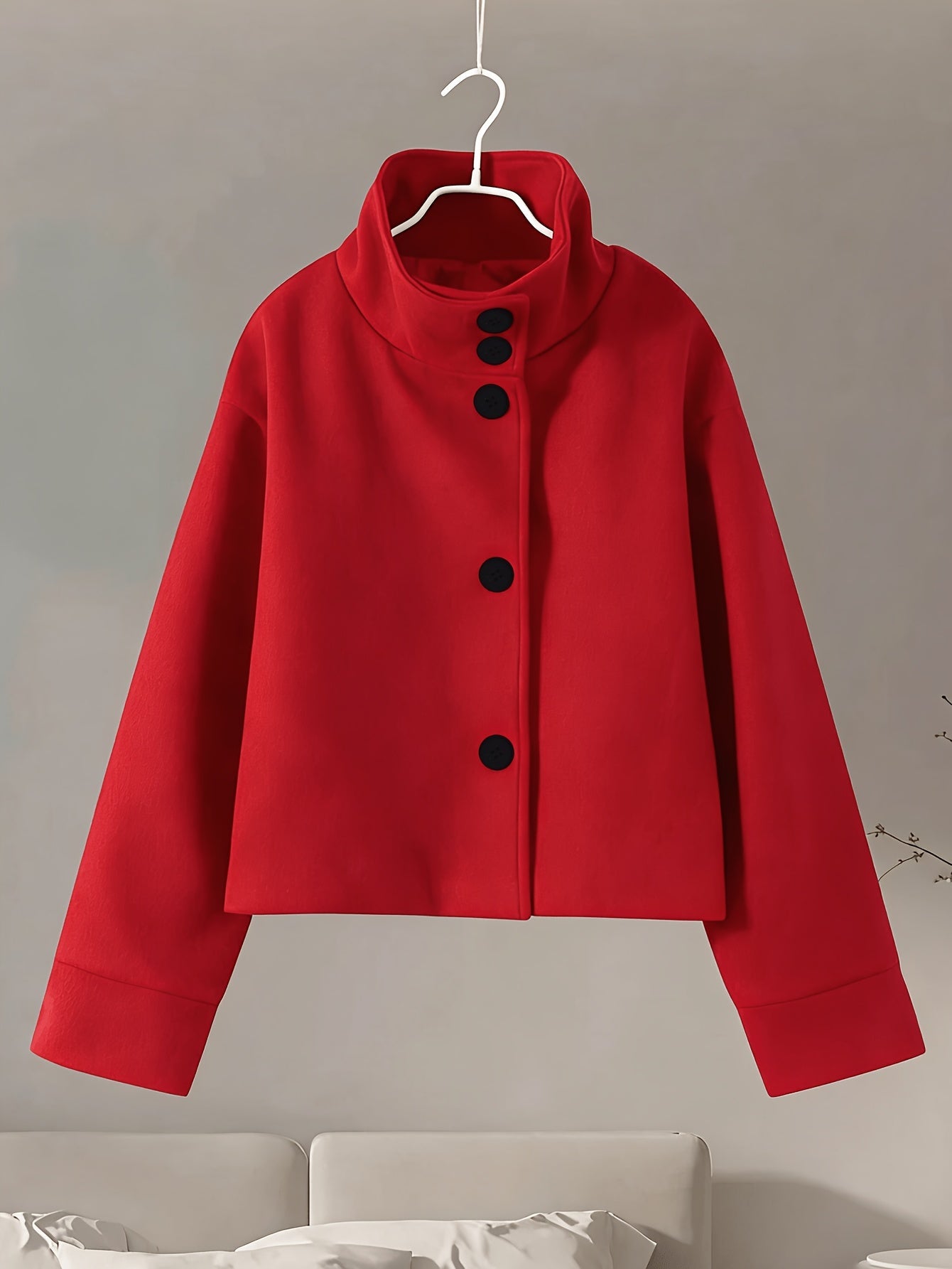 Veste courte femme col montant boutonnée décontractée couleur unie