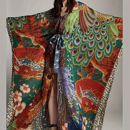 Długa sukienka kimono kaftan damski w stylu orientalnym z artystycznym nadrukiem na wieczór lub wakacje