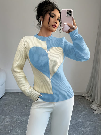 Pull femme bicolore côtelé à motif cœur, col montant, manches longues