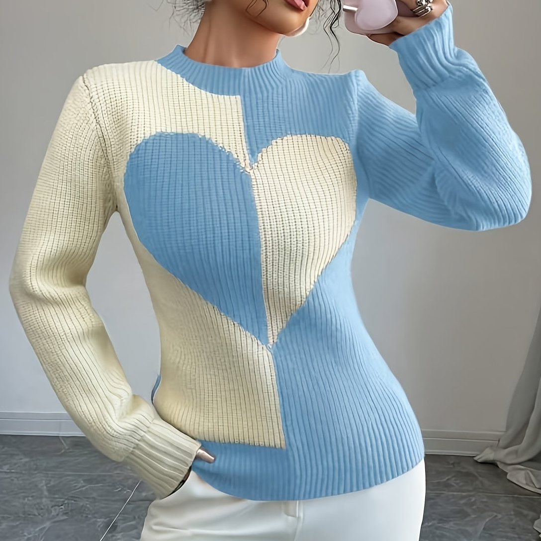 Pull femme bicolore côtelé à motif cœur, col montant, manches longues