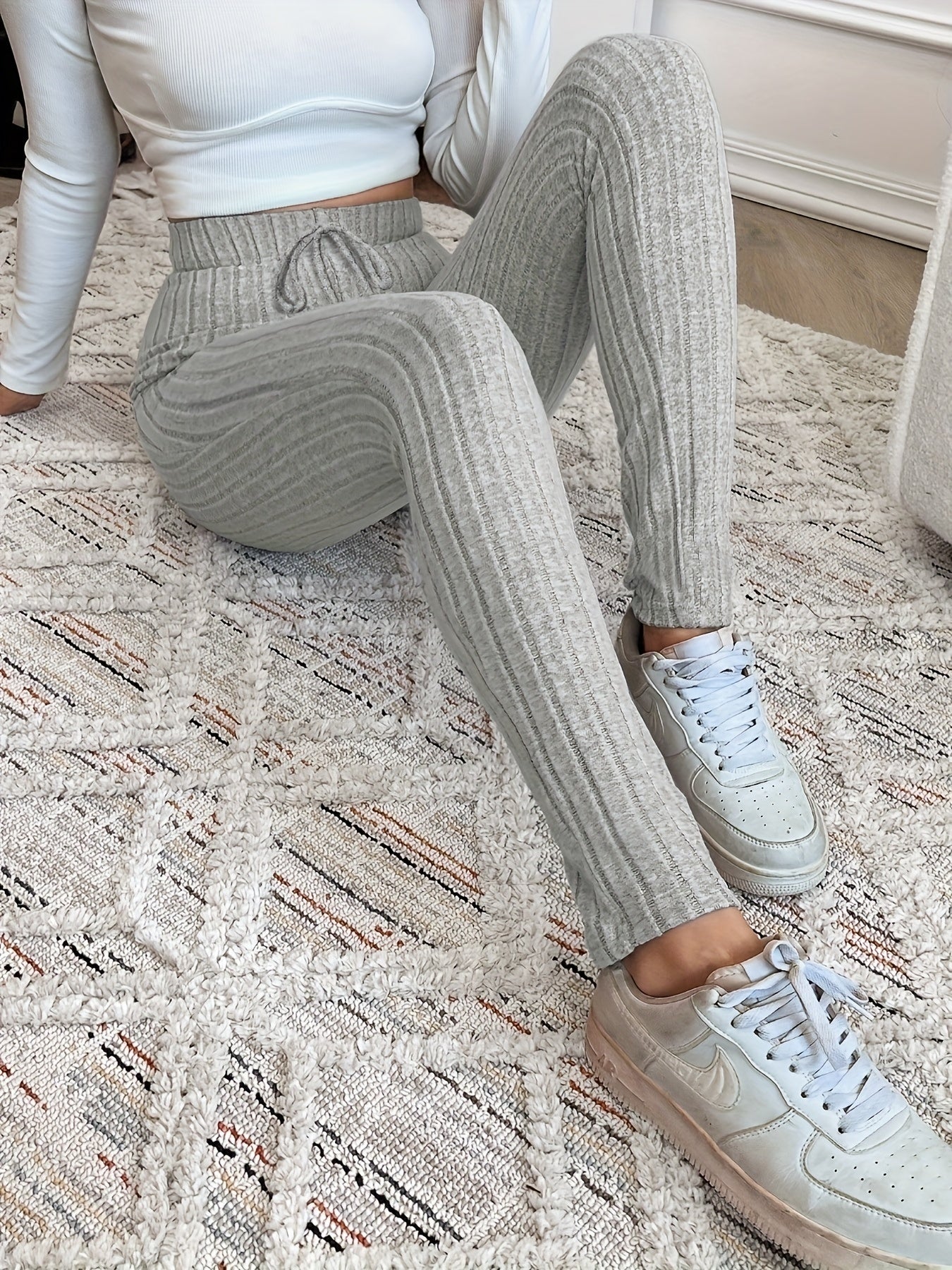 Legging Femme Côtelé Taille Haute Ajustable Confortable Marron Chiné