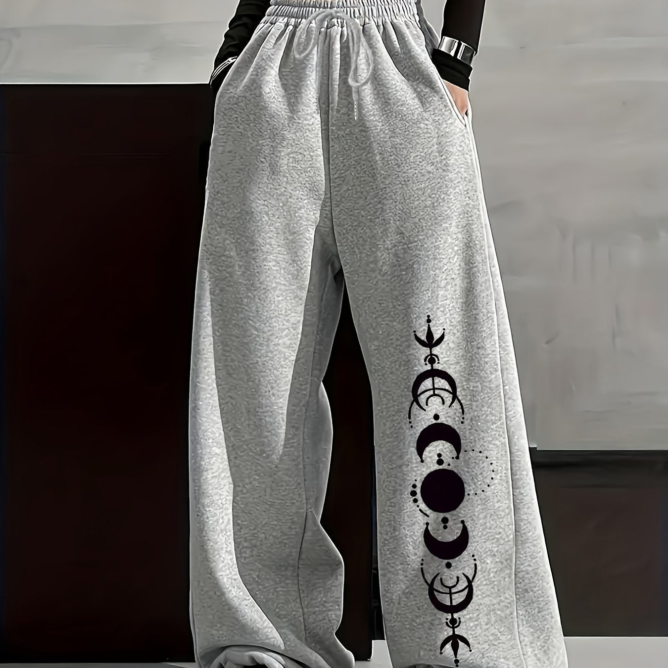 Pantalon large décontracté Femme avec imprimé phases de lune, taille élastiquée et poches