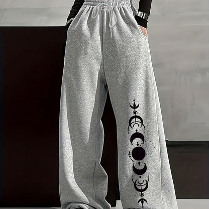Pantalon large décontracté Femme avec imprimé phases de lune, taille élastiquée et poches