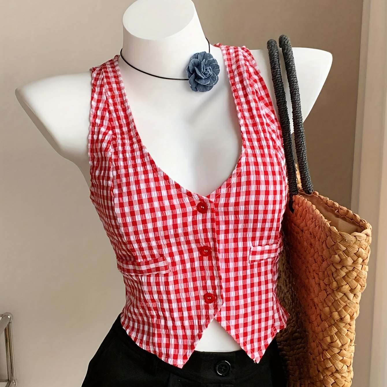 Gilet court à carreaux style élégant pour femme – Idéal printemps/été, sans manches, coupe ajustée
