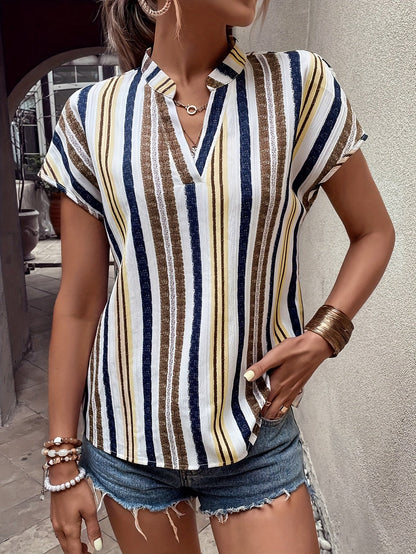 Casual striped blouse for women, V-neck, short sleeves, elegant summer style