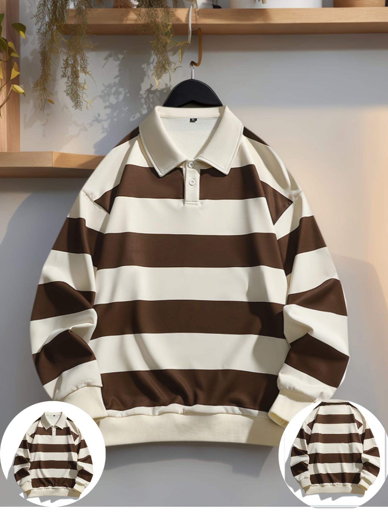 Polo manches longues à rayures horizontales marron et blanc cassé pour homme