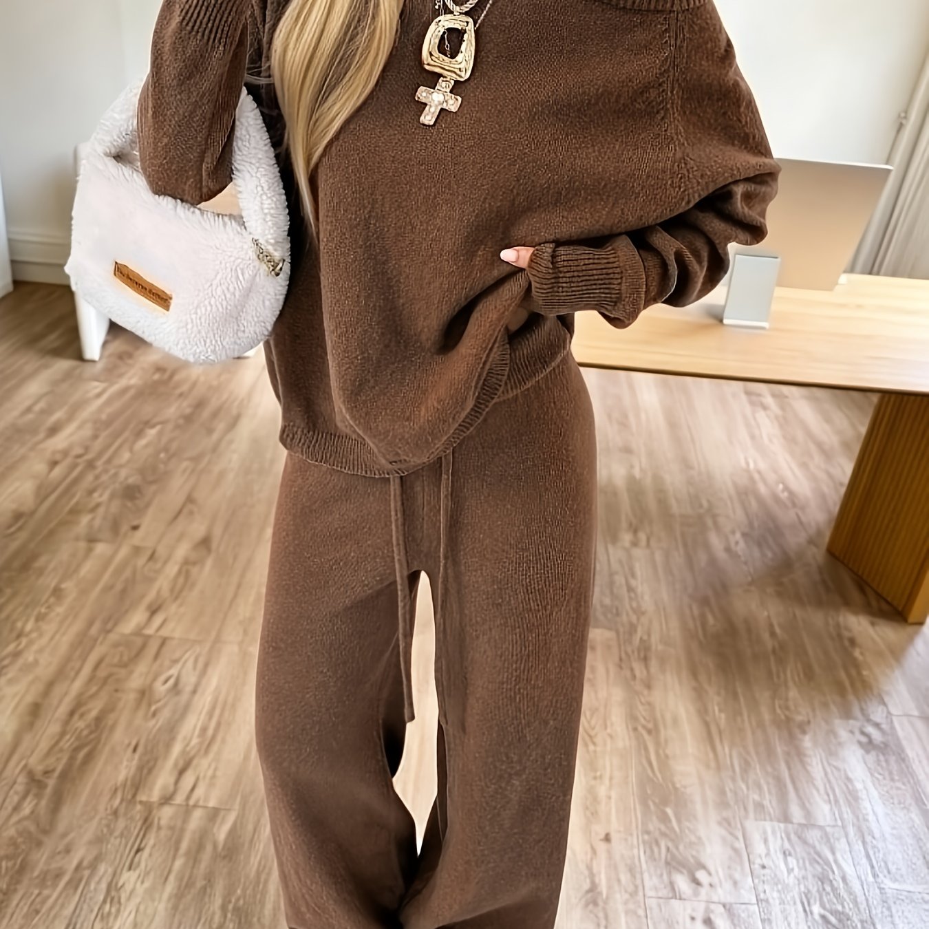 Ensemble Femme Pull et Pantalon Large Marron Tricot Décontracté Manches Longues Col Rond